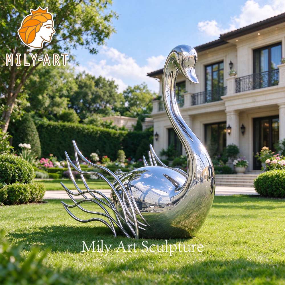 mirror polished metal swan sculpture