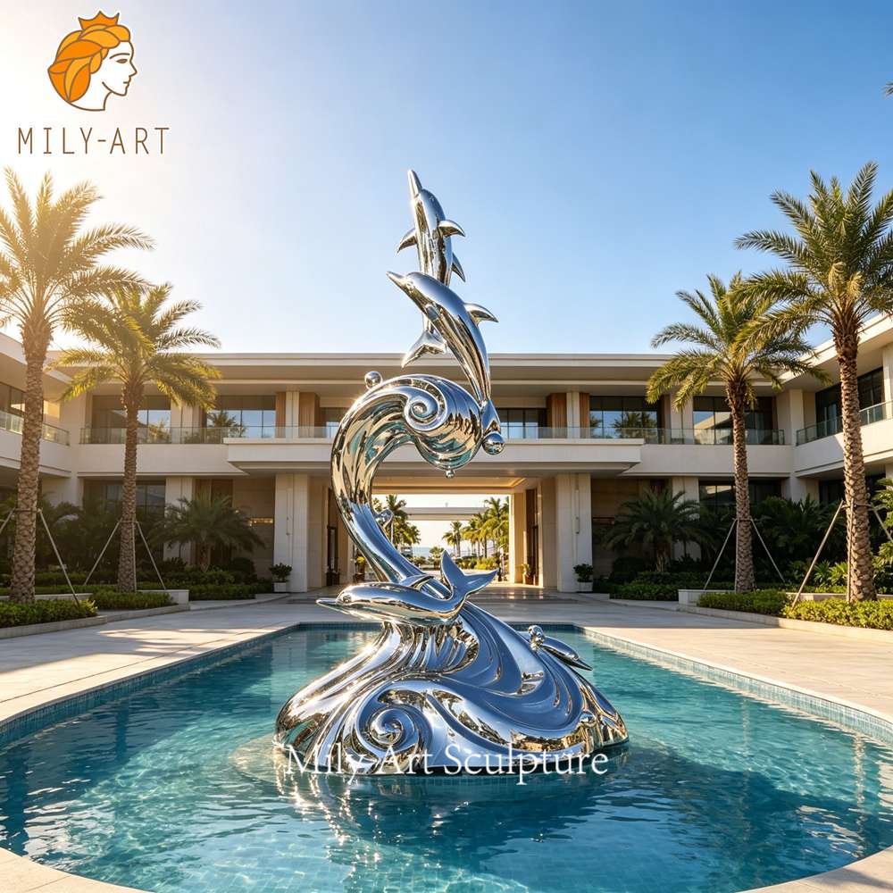 modern stainless steel dolphin sculpture