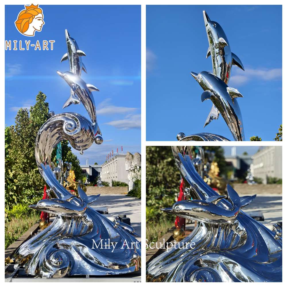 stainless steel dolphin sculpture close up detail