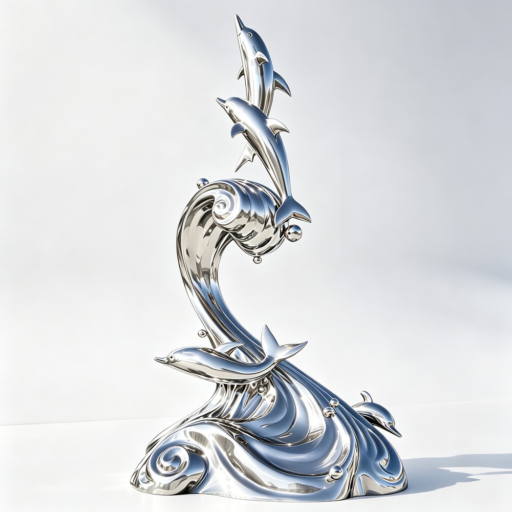 Mirror Polished Stainless Steel Dolphin Sculpture with Waves ANI-009