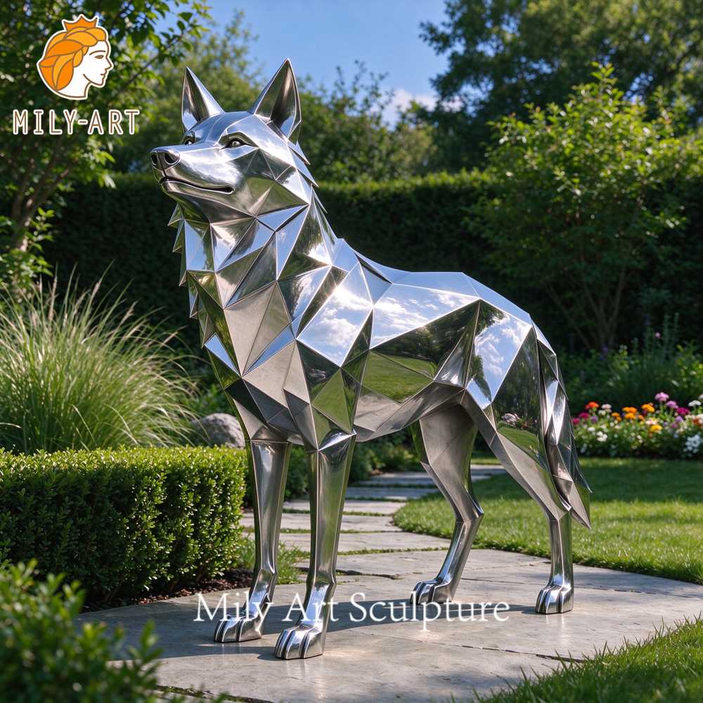 stainless steel geometric wolf sculpture