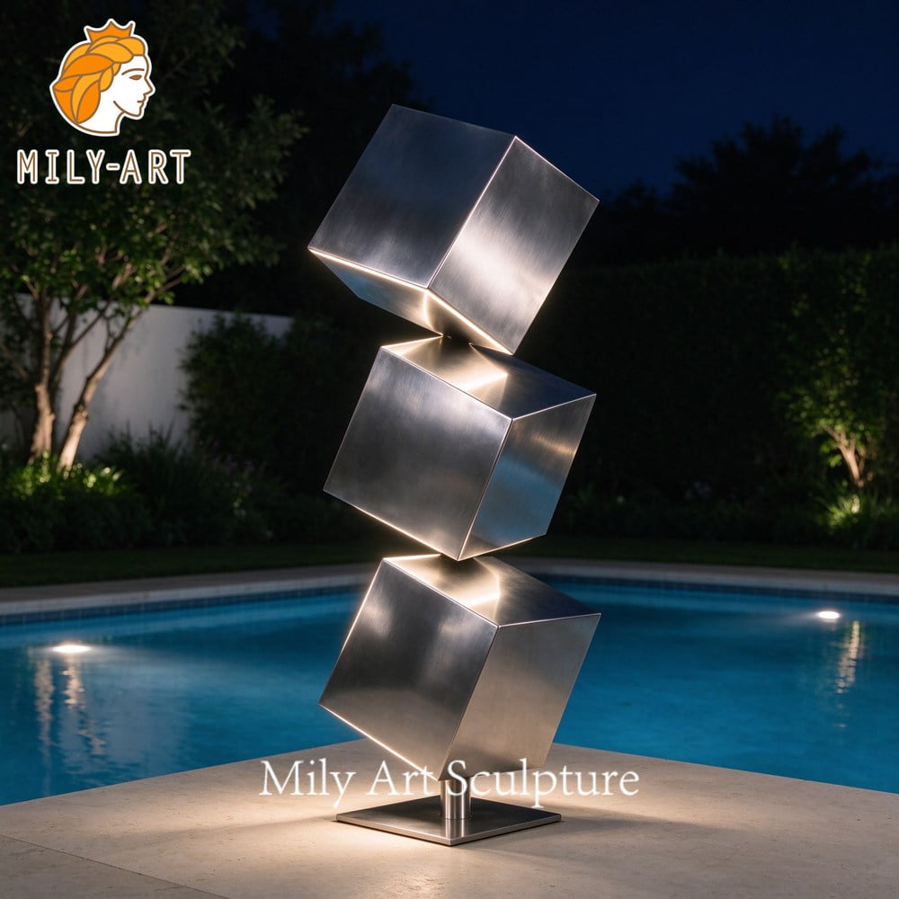 Geometric Stainless Steel Cube Poolside Sculpture