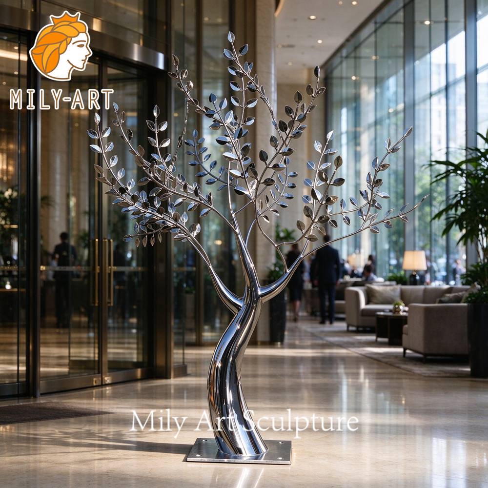 Mirror polished metal tree sculpture