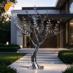 Mirror polished outdoor metal tree sculpture