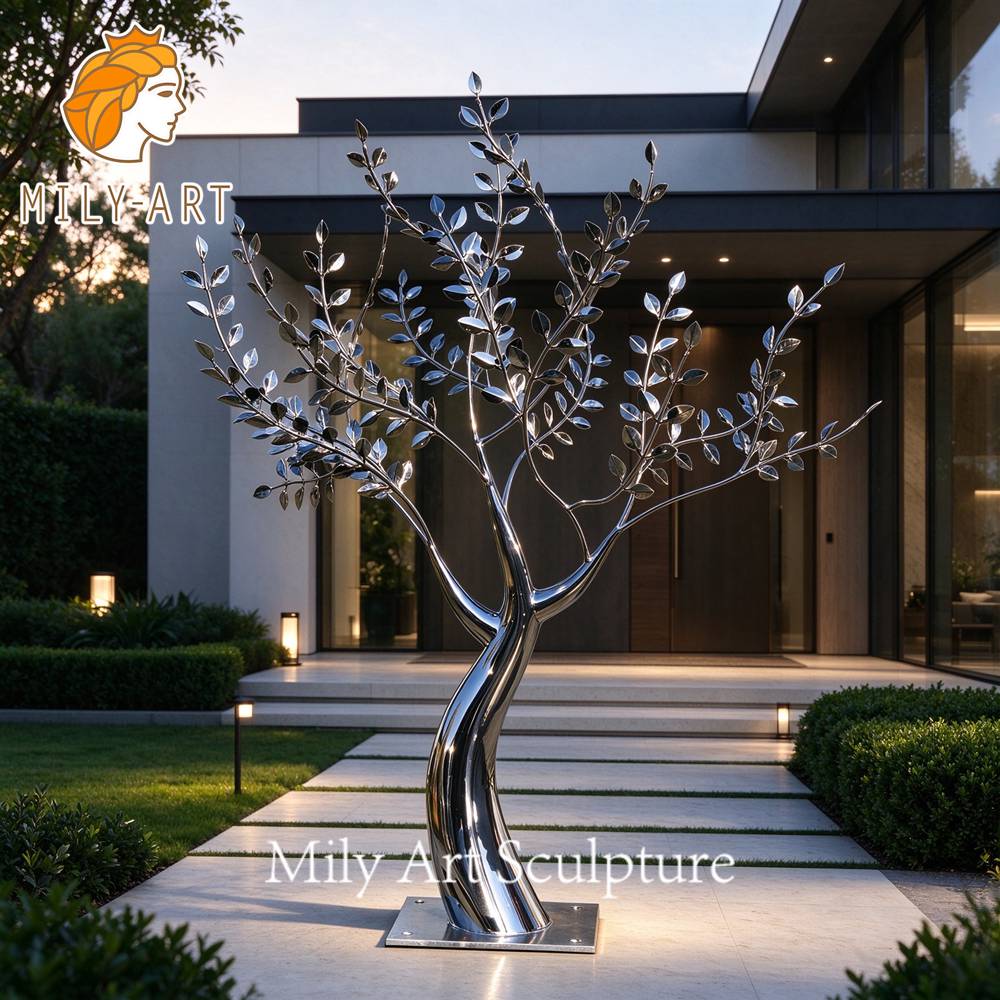 Mirror polished outdoor metal tree sculpture