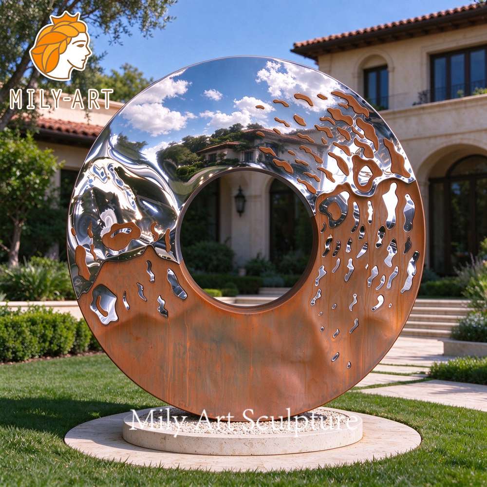 abstract corten steel ring sculpture