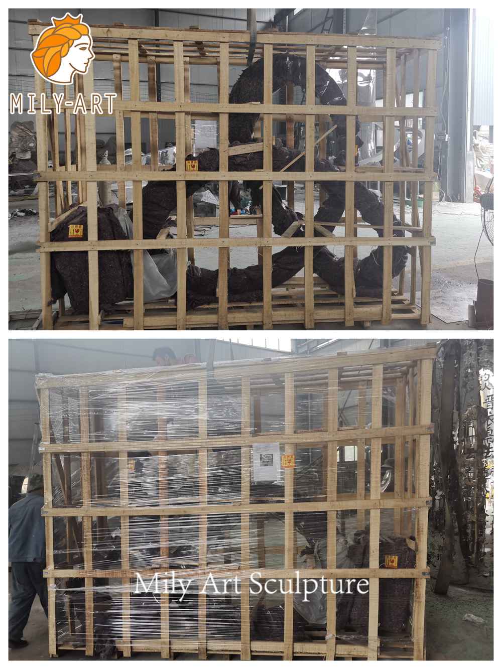 clover sculpture wooden crate packing