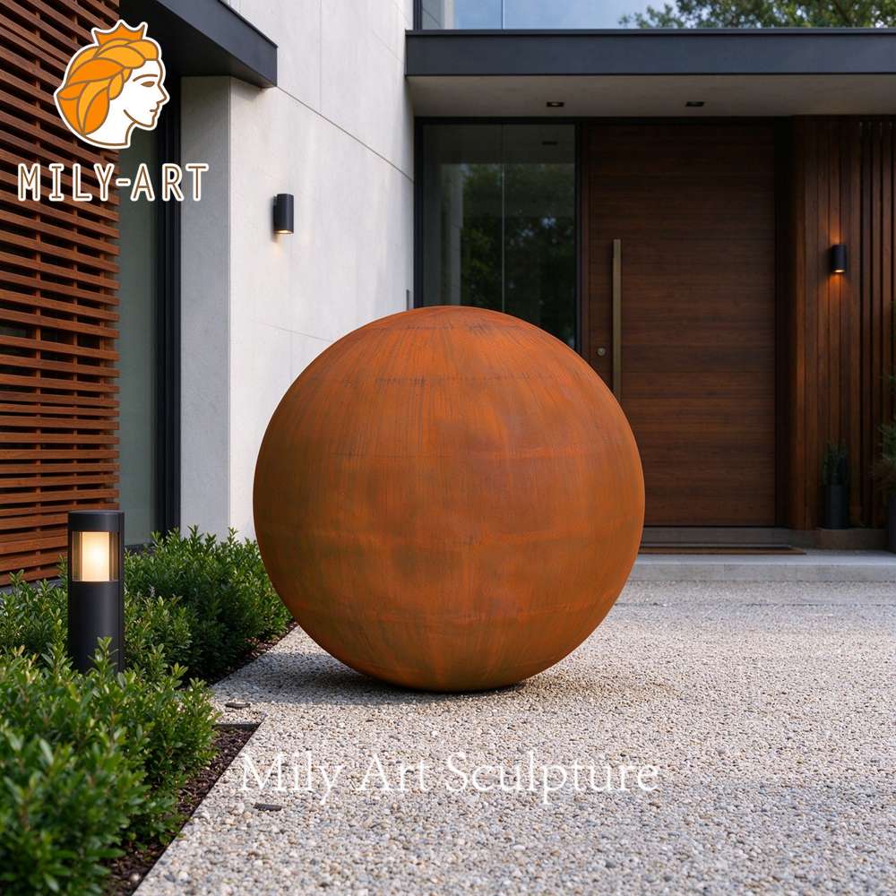 corten steel garden sphere for house entrance