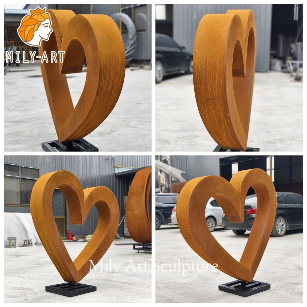 corten steel heart sculpture different angles