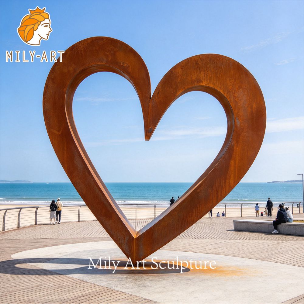corten steel heart sculpture seaside