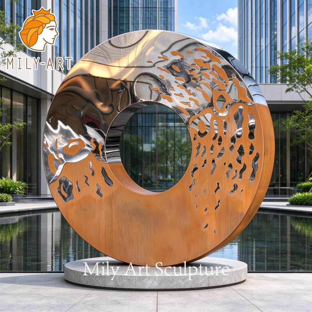 corten steel ring sculpture plaza