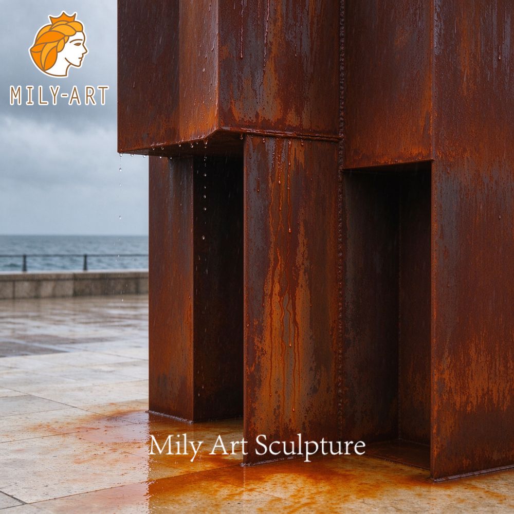 corten steel rust stain on light paving