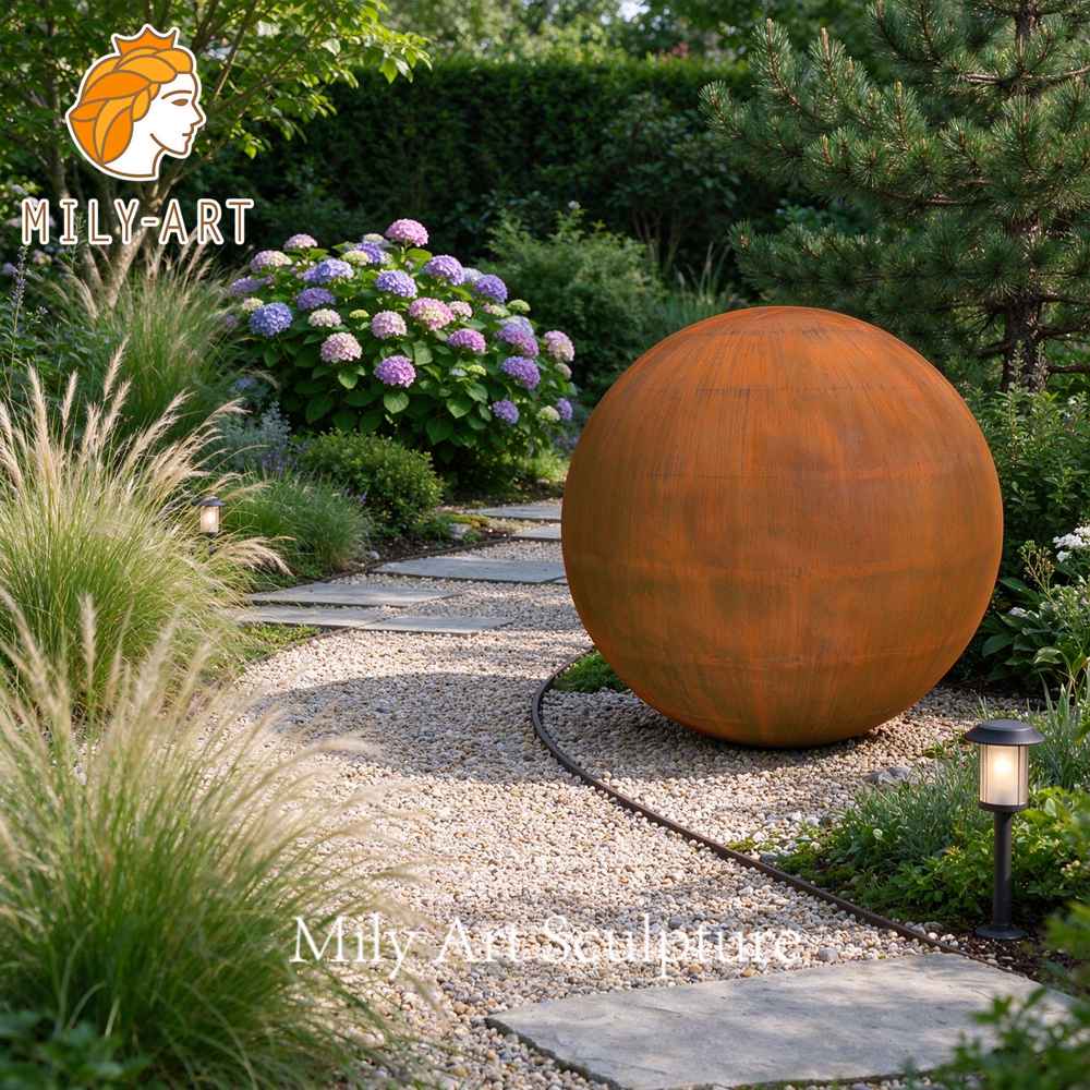 corten steel sphere sculpture garden