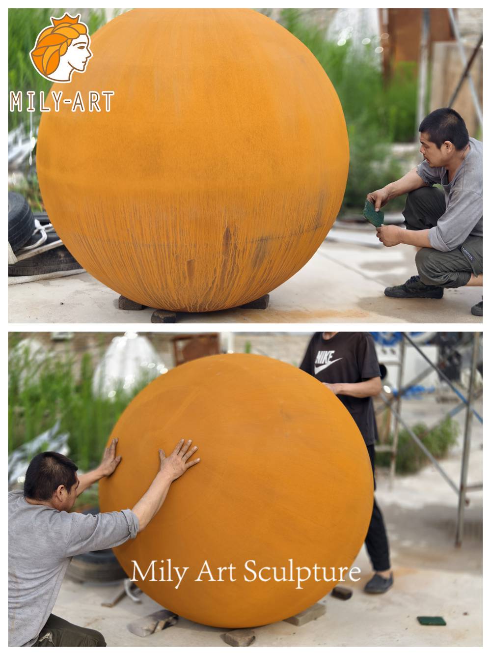 corten steel sphere sculpture hand finishing