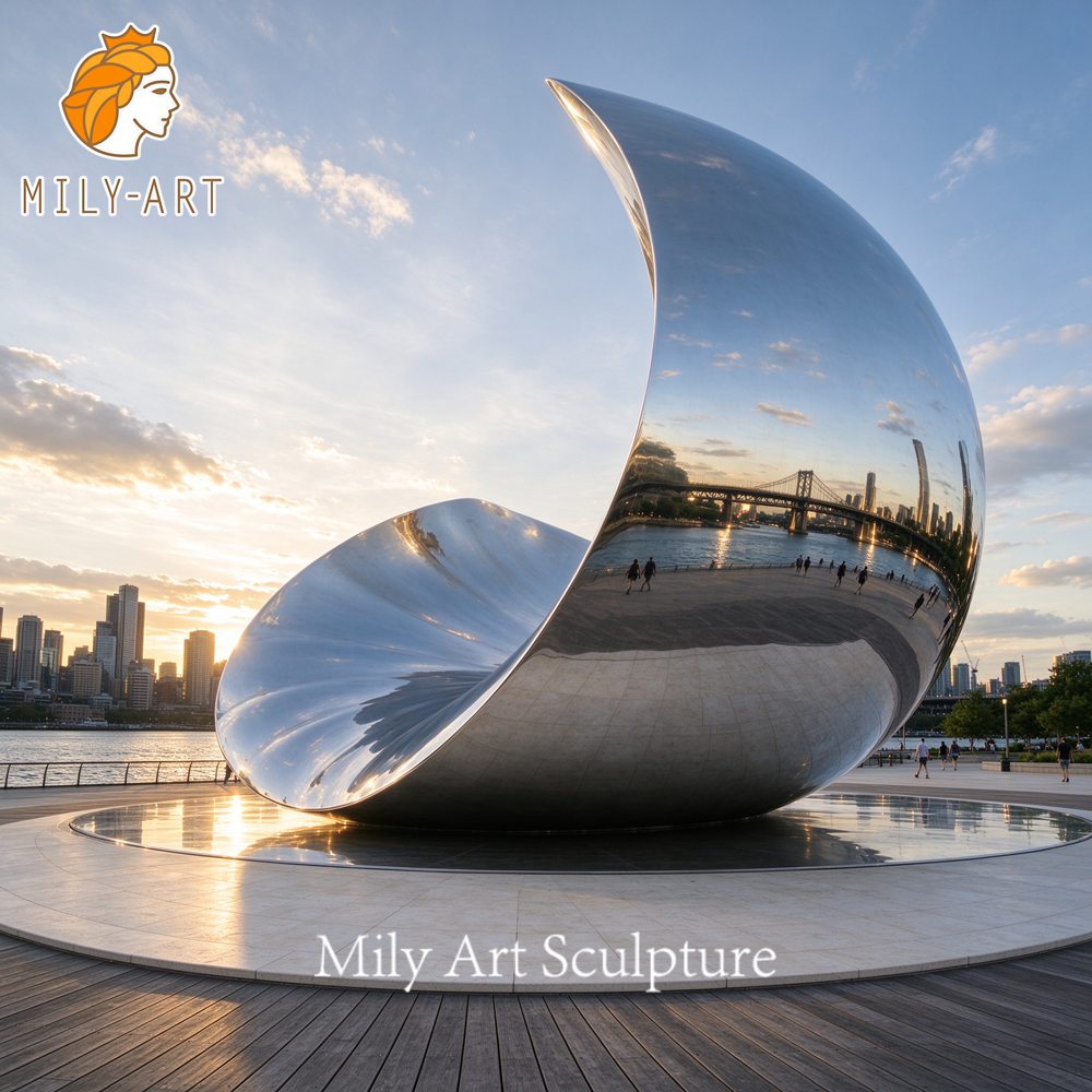 curved mirror stainless steel sculpture