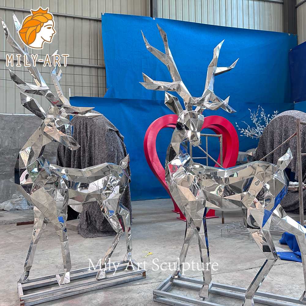 faceted stainless steel deer sculpture