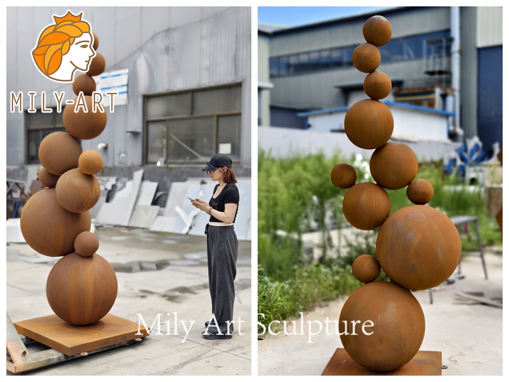 finished corten steel ball sculpture factory