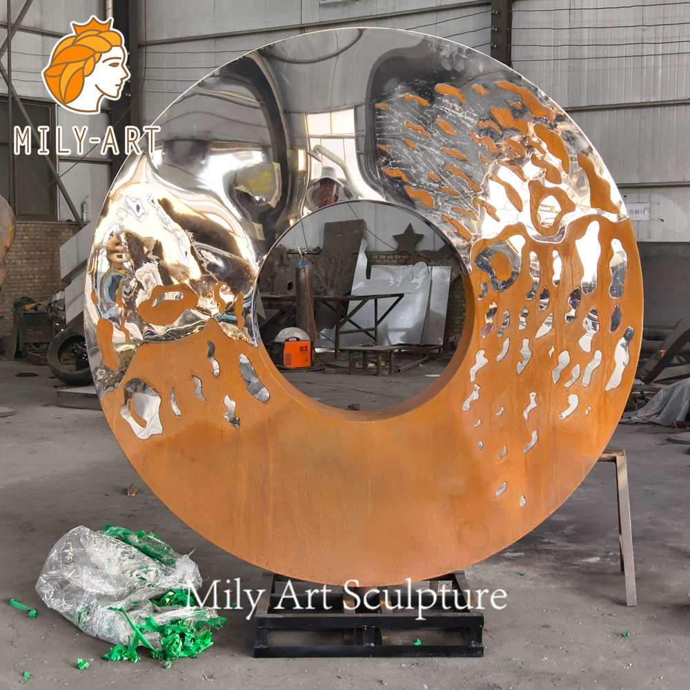 finished stainless steel and corten steel ring sculpture
