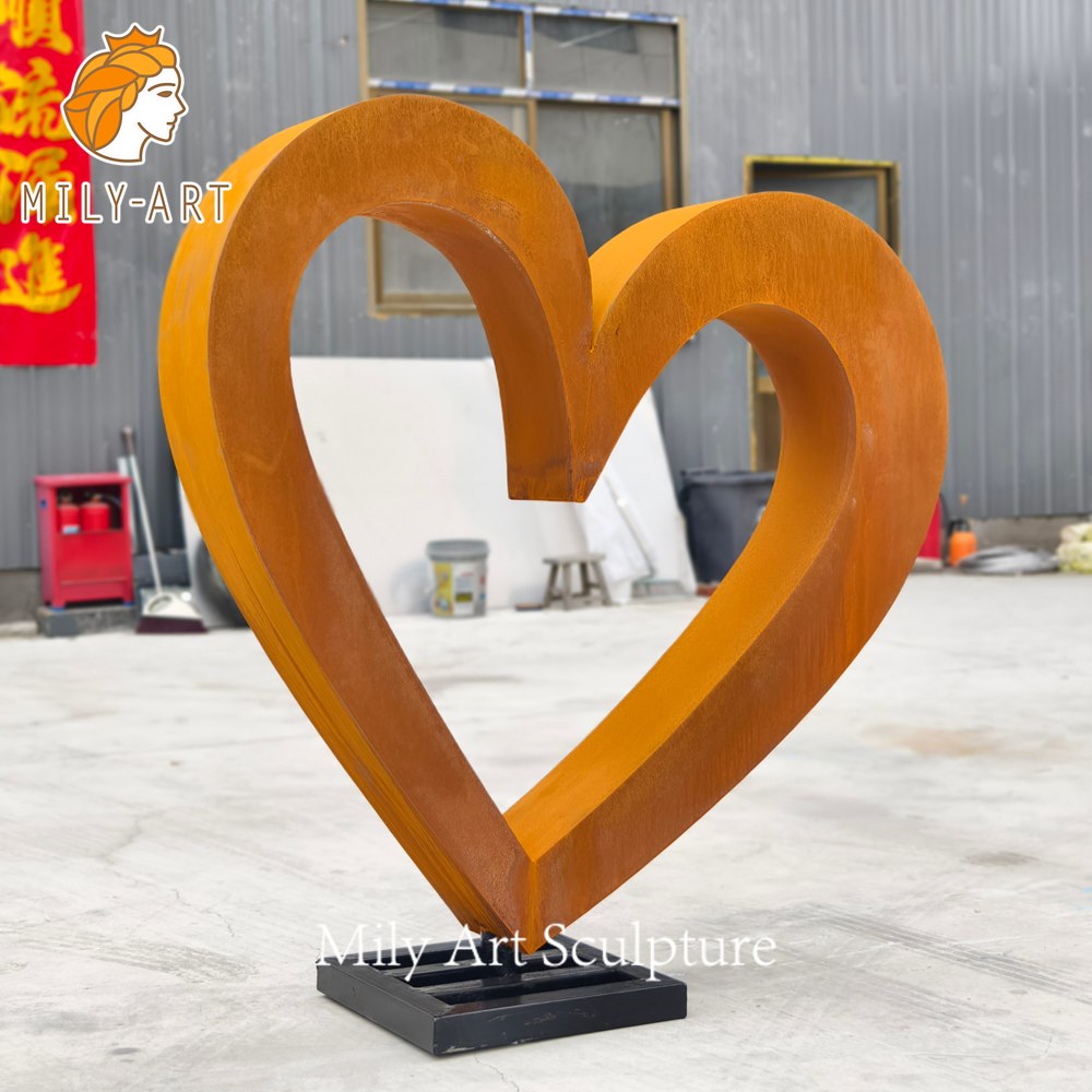 large corten steel heart sculpture factory finish