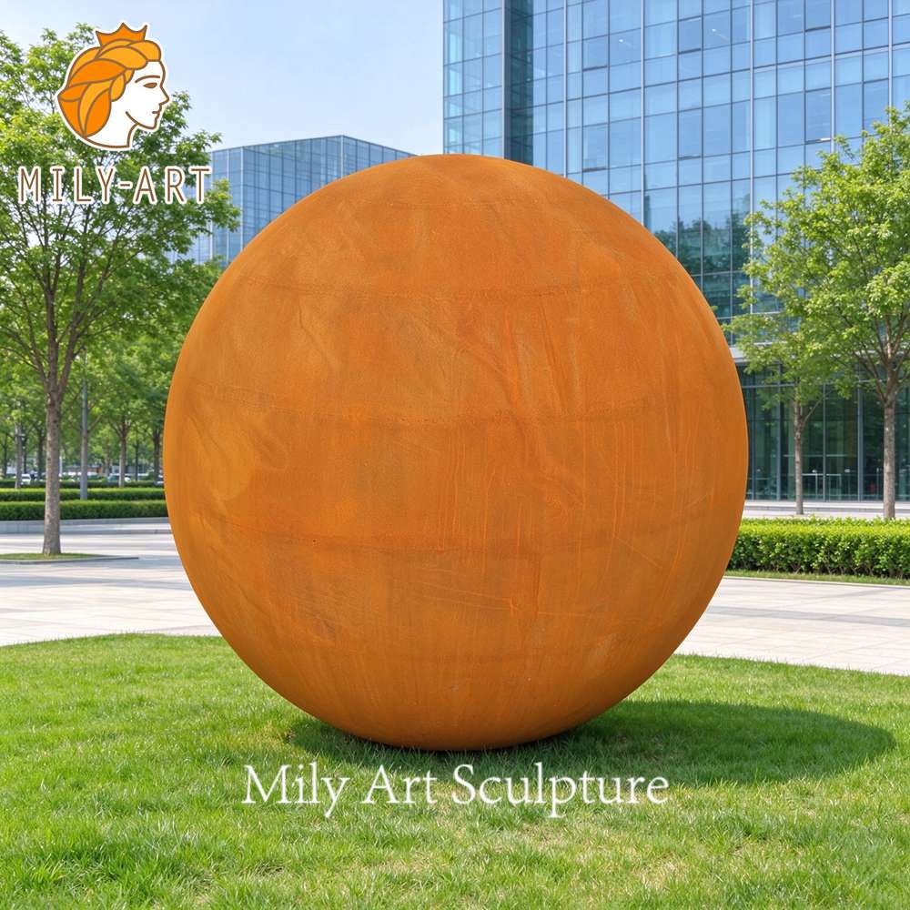 large corten steel sphere sculpture