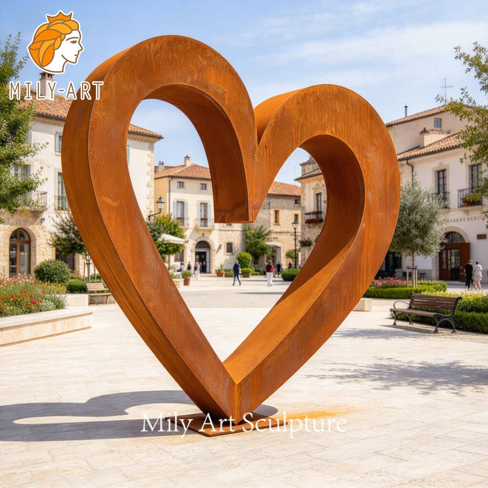 large rusty metal heart sculpture