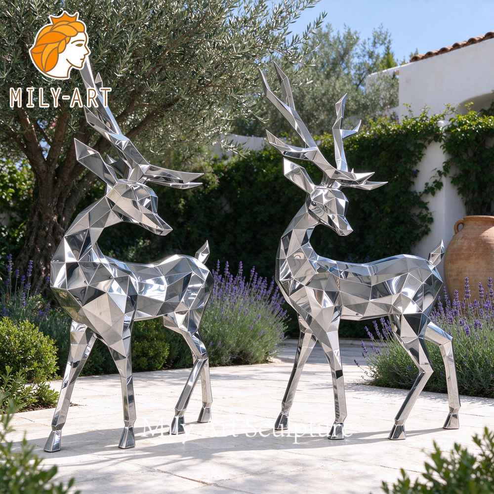 large stainless steel metal deer sculptures