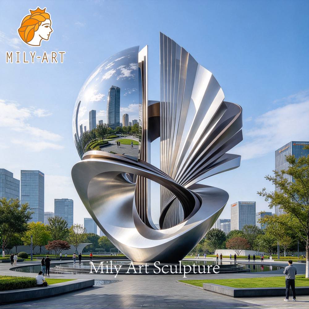 mirror and brushed stainless steel sculpture