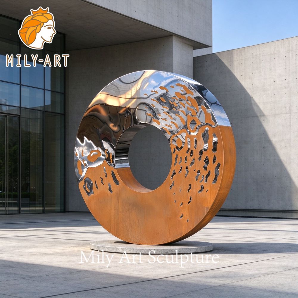 mirror polished stainless steel and corten steel ring sculpture