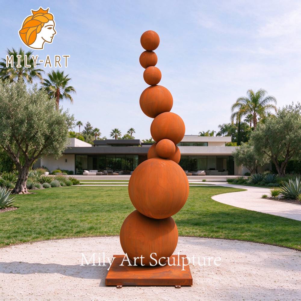 modern corten steel ball sculpture