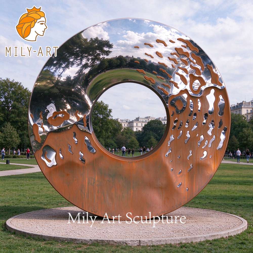 modern corten steel ring sculpture