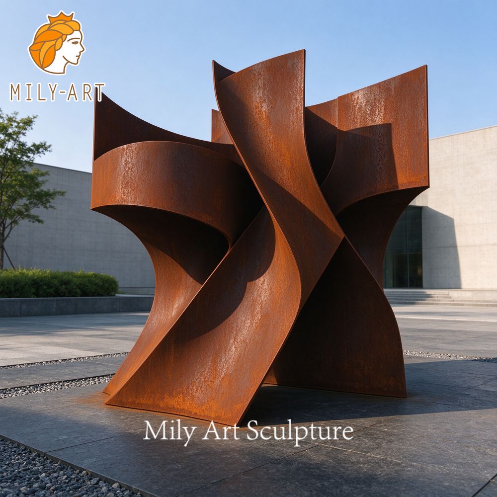 modern corten steel sculpture plaza