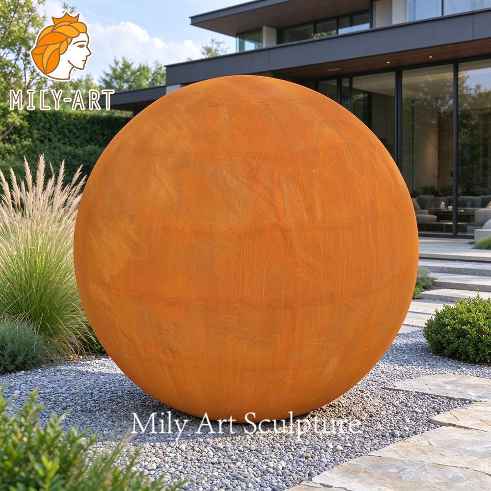 modern corten steel sphere sculpture