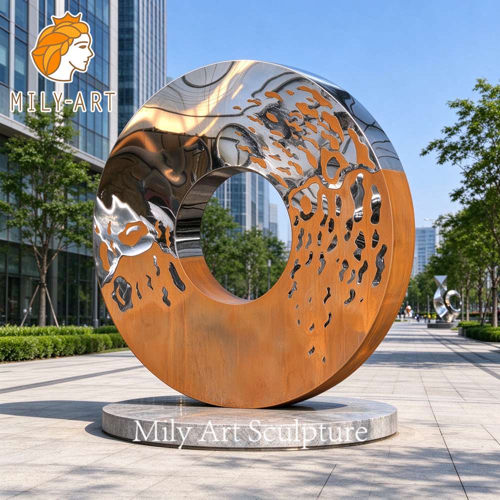 stainless steel and corten steel ring sculpture palza