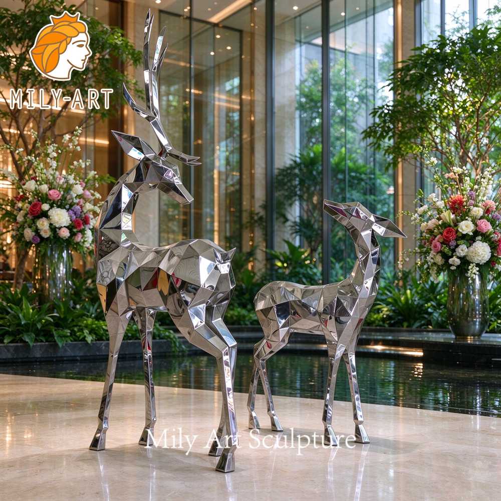 stainless steel deer sculpture pair