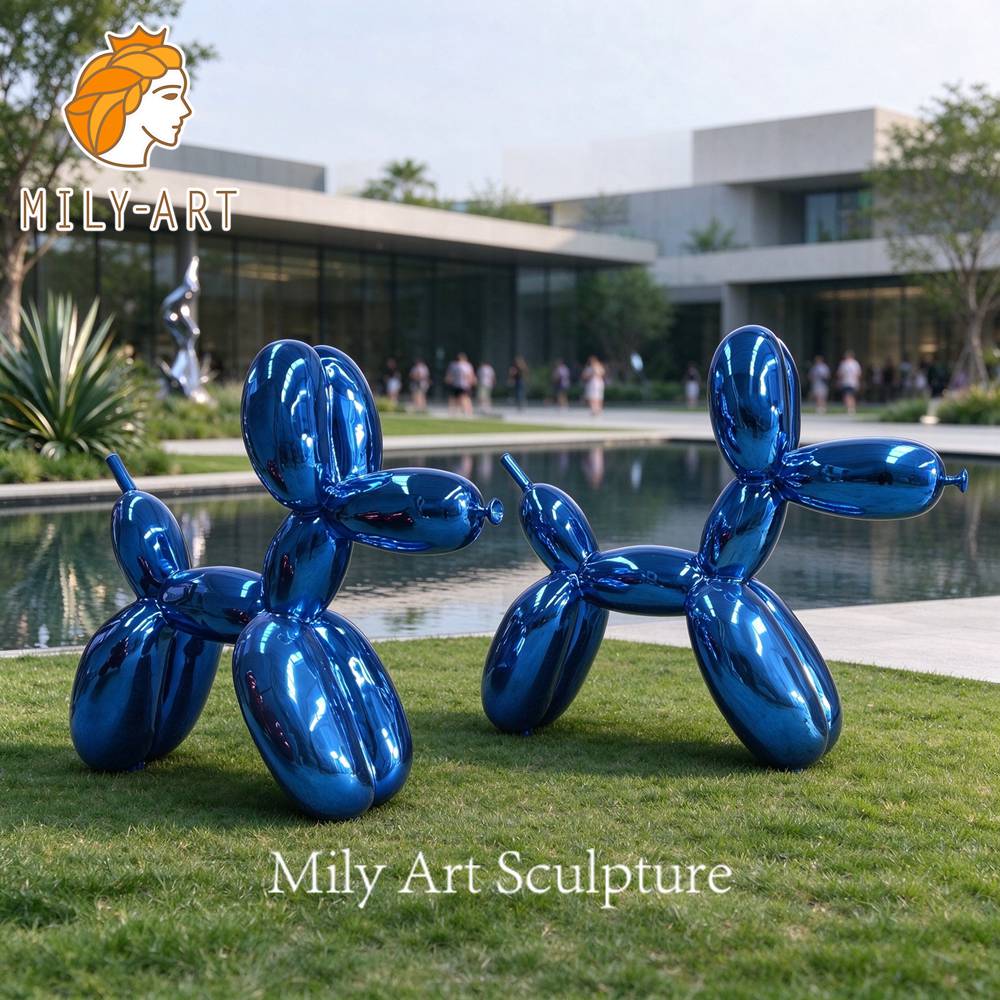 two metal balloon dog sculptures